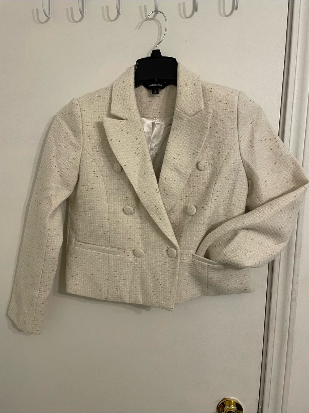 Ivory Cropped Double-Breasted Tweed Blazer